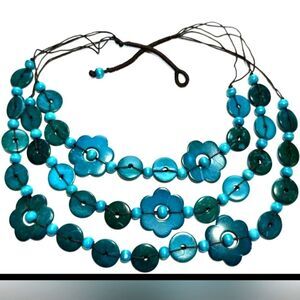 New Jewelry Statement Beaded Necklace Boho Blue Flower Tribal Beach Bib 26"